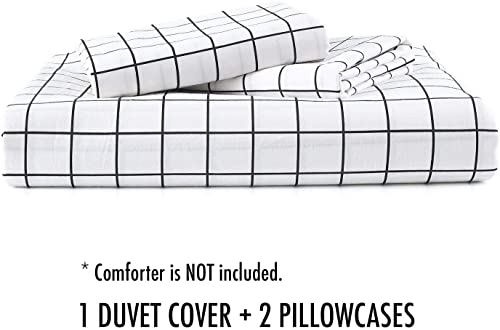 Nanko 1818-Q Queen Duvet Cover Set Grid, 90X90 Soft Bedding Cover, Luxury Cool Lightweight Microfiber 3Pc Set (1 Cover 2 Pillowcase) With Zip,Tie - Modern Style Preppy Room Decor Bed Quilt Cover, Plaid White thumb #6