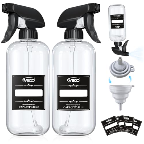 Veco 10oz Spray Bottle with Adjustable Nozzle, 360° Water Spray Bottles for Cleaning Solution, Plastic Spray Bottles for Hair Cooking Plant Pet, No Leak and Clog (2 Pack & Foldable Funnel)