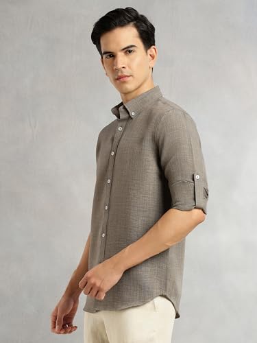 Image of Thomas Scott Men's | Solid | Textured Fabric | Full Sleeve | Slim Fit | Polyester-Blend | Spread Collar | Casual Shirt