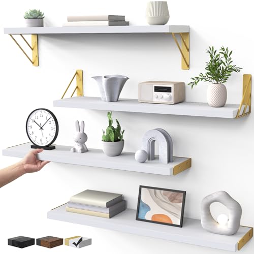 Image of BAYKA Wall Shelves for Bedroom Decor, Floating Wall Shelf for Living Room Kitchen Storage, Mounted Rustic Wood Shelves for Kids Books, Corner Shelf for Bathroom(White and Gold，23in，Set of 4)