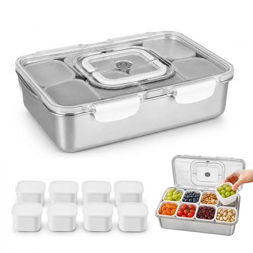 HOSPAOP Snackbox mit Fächern und Deckel Snackteller mit 8 Fächern aus Edelstahl Auslaufsichere Snackdose Snackschale Snacktablett Organizer für Obst Süßigkeiten Meal Prep Picknick