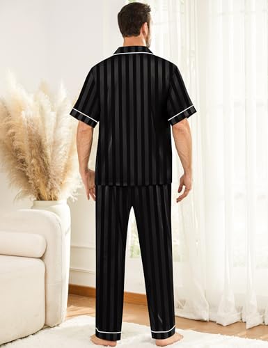 Image of SWOMOG Mens Silk Pajamas Set Satin Pj Set Short Sleeve Sleepwear Button Down Lounge Set with Drawstring & Pockets S-3XL