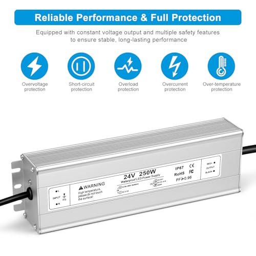 Image of 24V 250W LED Power Supply, IP67 Waterproof LED Driver, AC 110V to DC 24 Volt 10.4A Low Voltage Transformer Converter for Outdoor LED Strip & Landscape Lighting, 3-Prong Plug with 3.3FT Cable
