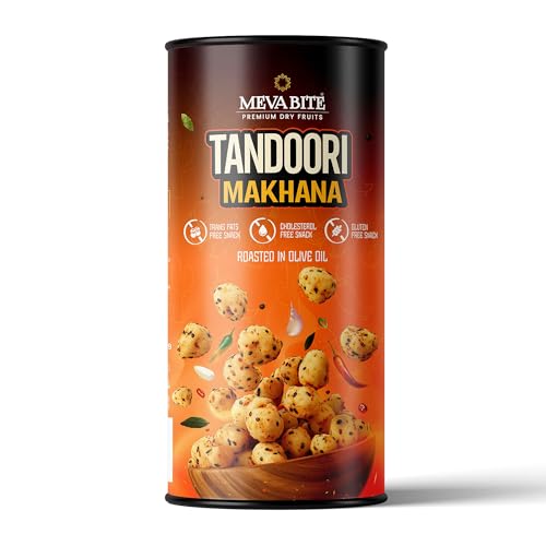 Image of MevaBite Premium Roasted Tandoori Makhana - 80g Tin Jar | Handpicked Lotus Seeds | Light, Crunchy & Guilt-Free Snack | Gluten-Free | Low in Calories, Fat & Sodium | No Cholesterol or Trans Fats | Perfect for Healthy Snacking Anytime