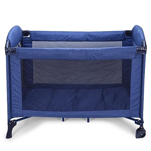 Image of Infanto Portable Baby Playpen Cum Cot with Travel Bag | Easy Fold Compact Design | 2 in 1 Functionality Crib | Double Layer Pad | Breathable Mesh Baby Bedside Crib with Playpen for Babies | Blue