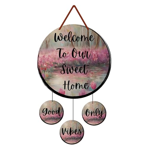 Image of GENXTRA Wooden Welcome Home Round MDF inchWelcome To Our Sweet Home inch Wall Hanging with 3 Mini inchGood Vibes Only inch Charms - Decorative Wooden Plaque Set of 4 for Entryway & Living Room, or Balcony | Decorative Plaques for Housewarming (HOME 02)