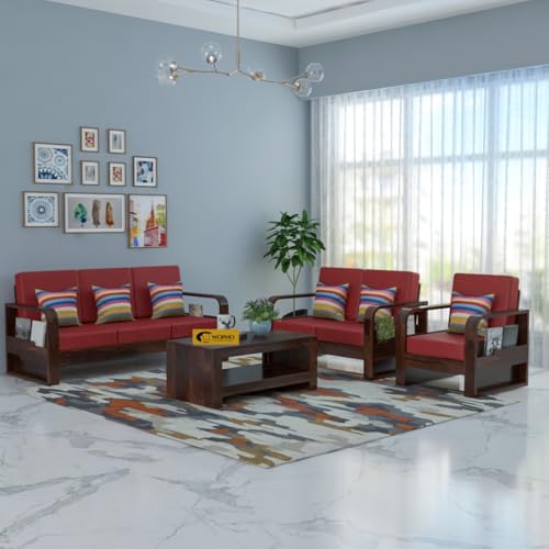 Image of Wopno Furniture Sheesham Wooden 6 Seater Sofa Set for Living Room | Solid Wood Sofa with Side Pocket Storage & Cushion | Rosewood Sofa for Home & Office | Lounge (Walnut with Red Cushion, 6 Seater)