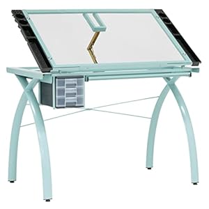 SD STUDIO DESIGNS Futura Craft & Drawing Table with Adjustable Tempered Safety Glass Top – Modern Art Desk with Storage Drawers, Pencil Ledge, Glossy Sage/Clear Glass