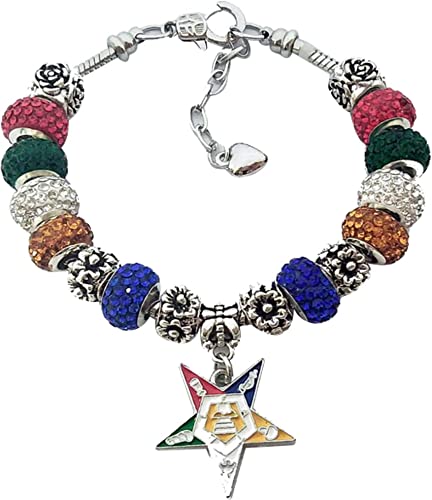 OES Order of the Eastern Star Charm Bracelet Apparel for Women - Bling Silver Tone with Blue, Yellow, White, Green, Red Rhinestone Encrusted Beads includes a members beautiful five pointed star charm.