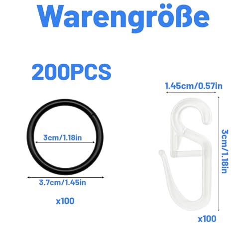 100 Stück Gardinenringe Mit Haken,Vorhang Hängend Ringe und 100 Stück Kunststoff Gardinenhaken, Vorhangringe Mit Haken,Gardinen Ringe für 30 mm Innendurchmesser, für Fenstervorhang(Schwarz)
