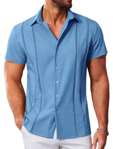 MAPICK Cuban Guayabera Shirts for Men Button Down Casual Shirt Beach Short Sleeve Fashion Dress Shirt(Blue,XX-Large)
