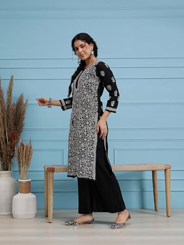 Image of Ada Women's Cotton Straight Fit Straight Hand Embroidered Lucknowi Chikankari Kurta Kurti A411165