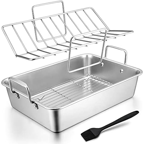 Stainless Steel Roasting Pan with Rack, HaSteeL Large 15.2In Lasagna Roaster Pan, Baking Rack, V-shaped Rack & 8In Basting Brush, Great for Turkey/Chicken/Veggies, Heavy Duty & Dishwasher Safe - 4Pcs Cover