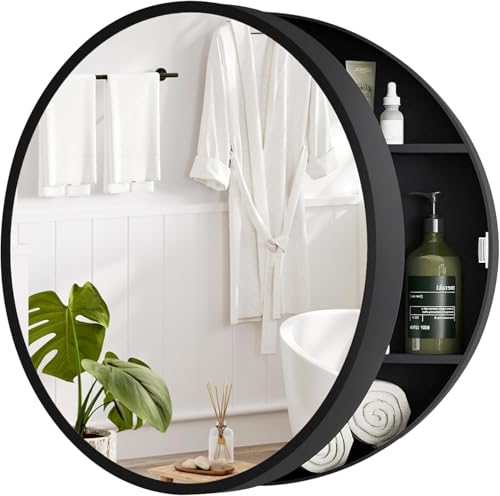 Image of iSTAR 16 Inch Round Wall Mirror with Storage Shelf (Black) | Bathroom Vanity Glass with Hidden Storage Cabinet | Wall Mounted Decorative Reflector for Bathroom, Bedroom, Living Room