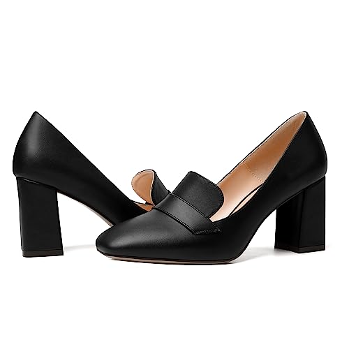 Image of MODENCOCO Womens Sexy Formal Matte Slip On Square Toe Work Block High Heel Loafers Shoes 3.5 Inch