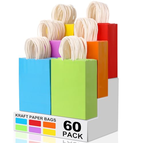 Image of XPCARE 60Pcs Paper Gift Bags 6.3x3.15x8.66'' Kraft Paper Party Favor Bags | Bulk Rainbow Goodie Bags Small Gift Bags with Handles for Kids Birthday Baby Shower Crafts Wedding Party Supplies