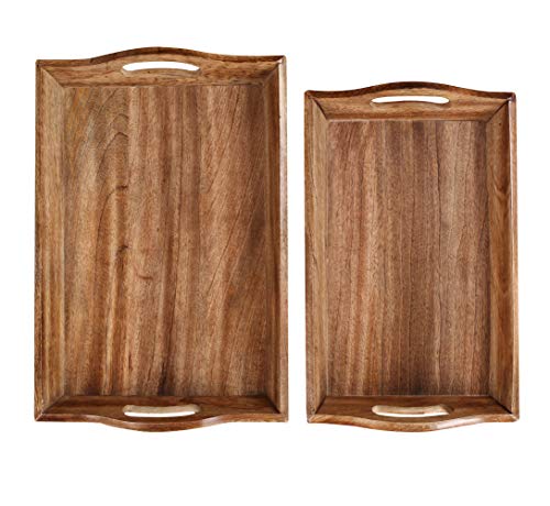 Antique Mango Wood Serving Tray Set Of 2 With Burn Finish For Tea/Coffee Food Items And Hold Kitchen Ware 17X12X2.5- Big, 15.5X10X2.5- Small Wooden Trays, Burn Brown Finish #TOP3