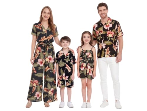 Image of Family Matching Hawaiian Clothes, Black Rafelsia | Lightweight 100% rayon • Family matching outfits • Beach vacations • Luaus • Cruises • Family photos