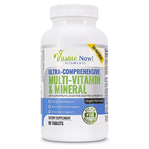 Vegan Whole Food Multivitamin & Mineral - Vitamins A B1 B2 B6 B12 C D3 E & 110 Super Foods, Herbs, Greens & Reds - Enzymes & Probiotics for Immune Support - Energy Boost - 90 Tablets Cover