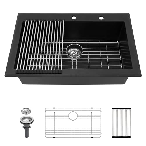 GOWE Quartz Kitchen Sink - 33x22 Black Granite Composite Drop in Kitchen Sink