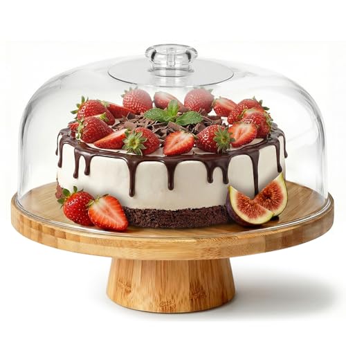 Masthome 6-in-1 Wooden Cake Stand with Dome Lid – 28cm Multifunctional Clear Cake Display for Parties, Weddings, and Birthdays, BPA Free