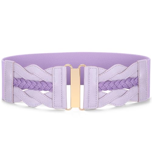 SANSTHS Vintage Stretchy Belt for Women, Womens Wide Elastic Belts for Dresses Coats, Fashion Womens Belts with Gold Buckle, Purple XXL