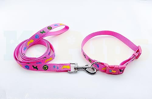 Image of 15mm Soft Printed Dog Collar and Leash Set I Puppy Printed, Adjustable Nylon Collar with Leash I for Small and Medium Dogs (Pink)