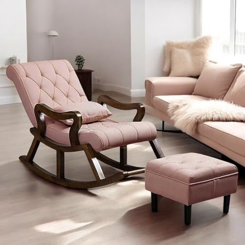 Image of Solid Sheesham Wood Rocking Chair for Living Room with Footrest and Pillow | Ergonomic Resting Chair with Ottoman for Relaxing and Pregnant Women (Lite Pink)