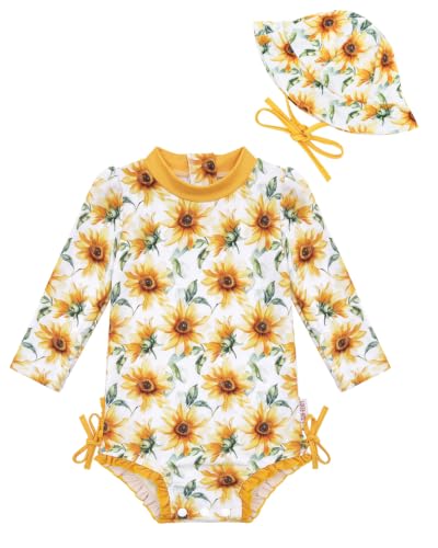 Image of ALVA Girls' One Piece Swimsuit with Hat, Baby Rash Guard Sets,Long Sleeve Zipper UPF 50+ Sun Protection Bathing Suit