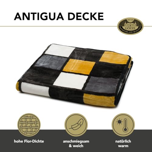 Gözze - Weiche Kuscheldecke, Cashmere Feeling, Hohes Stoffgewicht 500 g/m², Antigua, 150 x 200 cm - Senf/Schwarz/Weiß