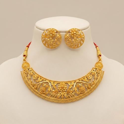Image of Gold Plated Floral Choker Necklace Set for Women with Earrings