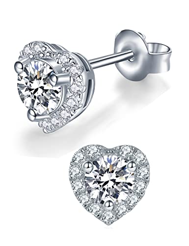 IMOLOVE Moissanite Stud Earrings Lab Created Moissanite Earrings in Sterling Silver Trendy Heart Halo Earrings for Women Men D Color Round Cut