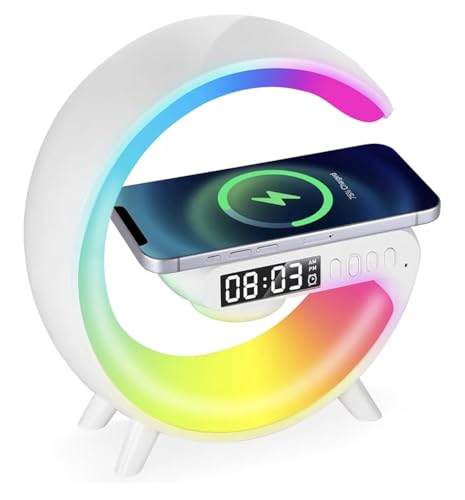 Treligate LED Table Lamp with Wireless Charger Mini G Atmosphere Lamp with Bluetooth Speaker Night Light Lamp Sunrise Alarm Clock Smart Light Sound Machine (White)