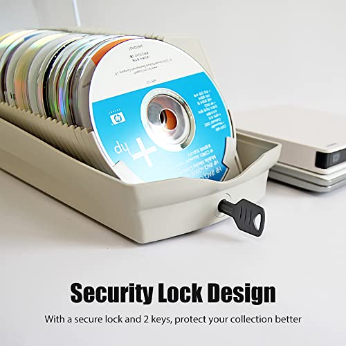 Tishled Cd Case, 50 Capacity Cd/Dvd Storage Holder Lockable Hard Plastic Protective Disc Organizer Display Box With 2 Lock Keys And Sticker Labels Portable For Home, Car, Travel, Work (Ivory) #TOP2