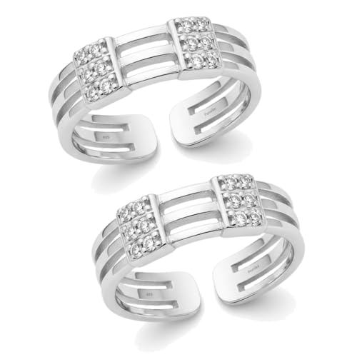 Image of Parnika 925 Sterling Silver Adjustable Toe Ring for Women | Triple Band CZ Studded Open Toe Ring | Hallmarked Pure Silver Foot Jewelry