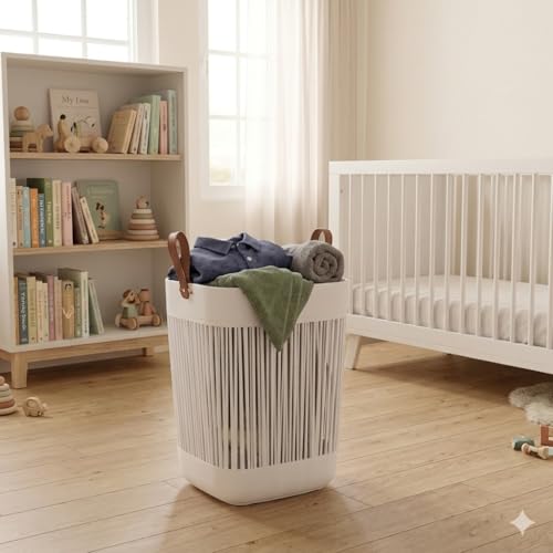 Image of AIR O MATIC Plastic Rectangle Laundry Basket with Breathable Slotted Design & Ergonomic Leather Grip Handles - Large Ventilated Clothes Hamper for Bedroom, Bathroom & Laundry Room (White)