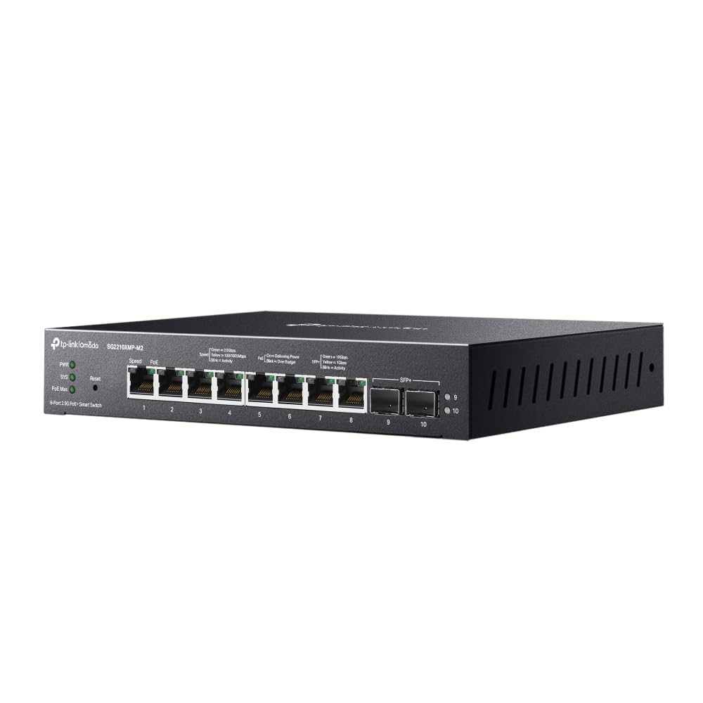 TP-Link Omada SG2210XMP-M2 2.5G PoE Switch, 8-Port 2.5G Multi-Gigabit mit 8 PoE+ Ports (160W), 2× 10G SFP+ Uplink, Smart Managed Switch, VLAN, QoS, Cloud Management, Lüfterlos