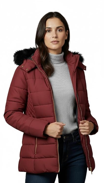 Image of Automan Women's Winter Puffer Jacket with Hood, Full Sleeve, Quilted, Zipper Closure for Cold Weather
