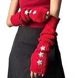 Y2K Women Teens Knitted Arm Warmers Japanese Harajuke Cosplay Lolita Cute Fingerless Mittens Thumb Hole Gloves (Red)
