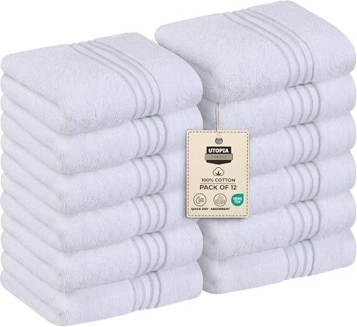Utopia Towels 12 Pack Premium Wash Cloths Set, 12 by 12 Inches, 100% Cotton Ring Spun, Highly Absorbent and Soft Feel Washcloths for Bathroom, Spa, Gym, and Face, White