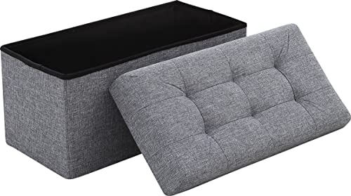 Ornavo Home Foldable Tufted Linen Large Storage Ottoman Bench Foot Rest Stool/Seat - 15" X 30" X 15" (Grey) #TOP8