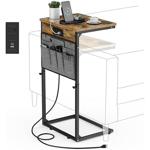 Vagusicc C Shaped End Table with Charging Station, 33" Tall Side Table for Couch, Sofa Table Adjustable Height Small Couch Side C Table, Slide Under Sofa Tray Arm Table for Living Room, Bedroom, Brown Cover