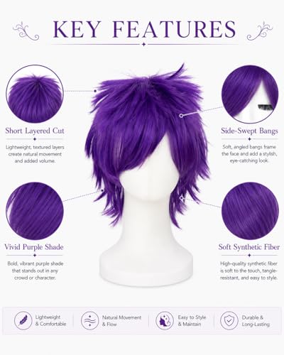 Image of Rose bud Anime Halloween Purple Wig for Cosplay Party Synthetic Layered Short Hair Wigs with Fringe Pastel Funny Wigs for Women Men