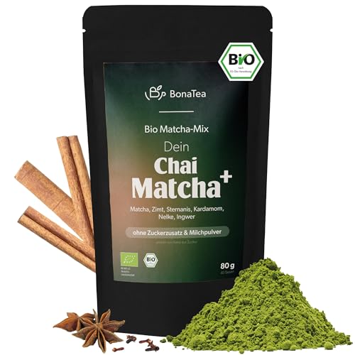 Bio Chai Matcha+, Bio Premium Matcha (60%) mit Chai Gewürzen - perfekt als Latte, 80g
