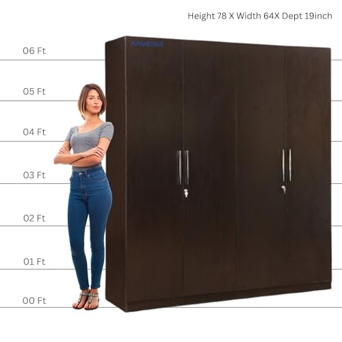 Image of AAVATAR 4 Door Wooden Wardrobe with Drawers & Hanging Rod | Wenge Engineered Wood Cupboard for Bedroom | Almirah with Lockable Doors, Spacious Shelves Storage | H78 x W64 x D19 Inch