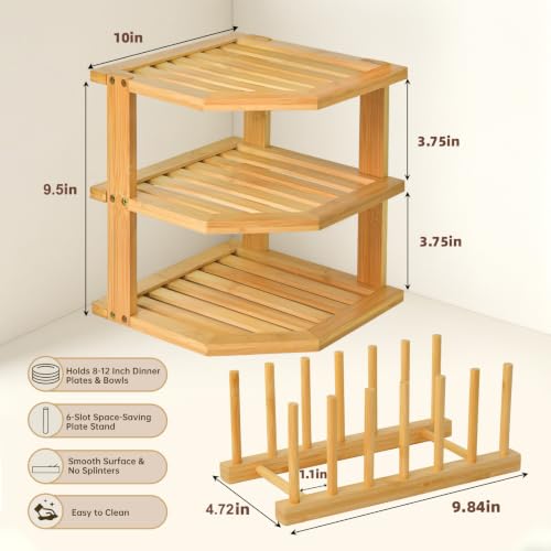 Image of Bamboo Plate Organizer Set, 3 Tier Corner Shelf & Vertical Plate Rack,2 Set