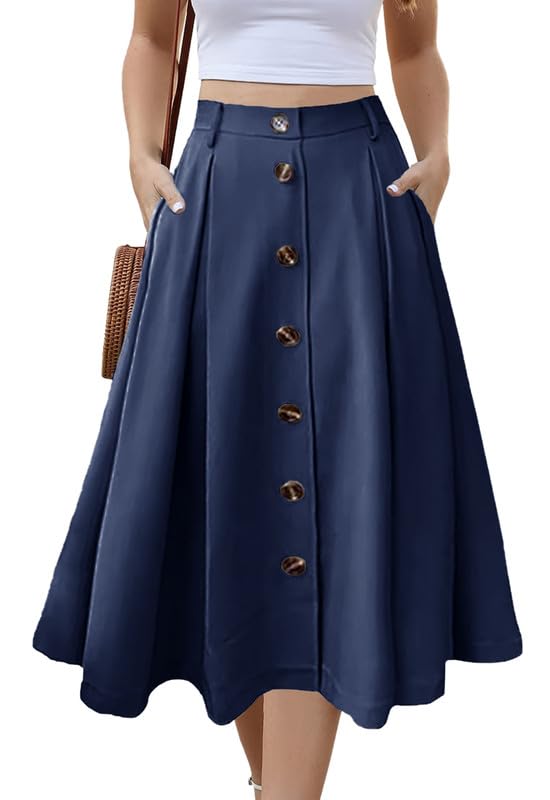 Alaster Queen Women's Long Pleated Skirt Ladies Midi High Elasticated Waist Flowy Pockets Skirt for Women UK