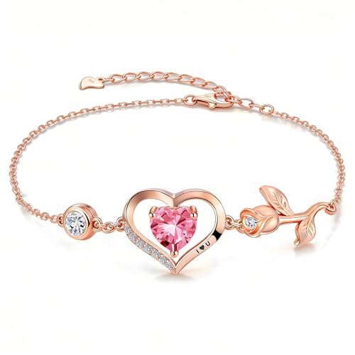 Image of 1CT Rose Heart Bracelet Moissanite Lab-Grown Sapphire Ruby Emerald&More 18K White Rose Gold Plated Anniversary Birthday Gift for Wife Girlfriend Mom Daughter Mothers Day Gift for Mom