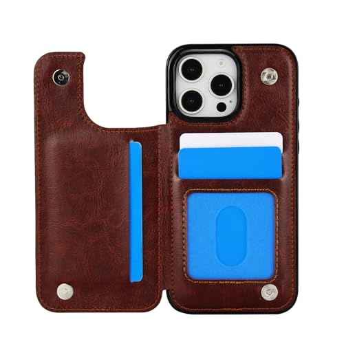 for iPhone 16 Pro Case with Credit Card Holder,RFID Blocking,PU Premium Leather Double Magnetic Clasp Kickstand Heavy Duty Protective Cover.(Brown) Brown iPhone 16 Pro