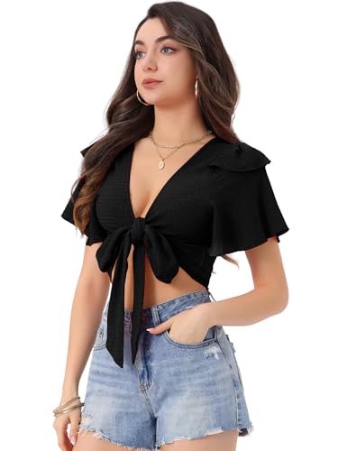 Allegra K Tie Front Knot Blouse for Women's Boho Flutter Sleeve